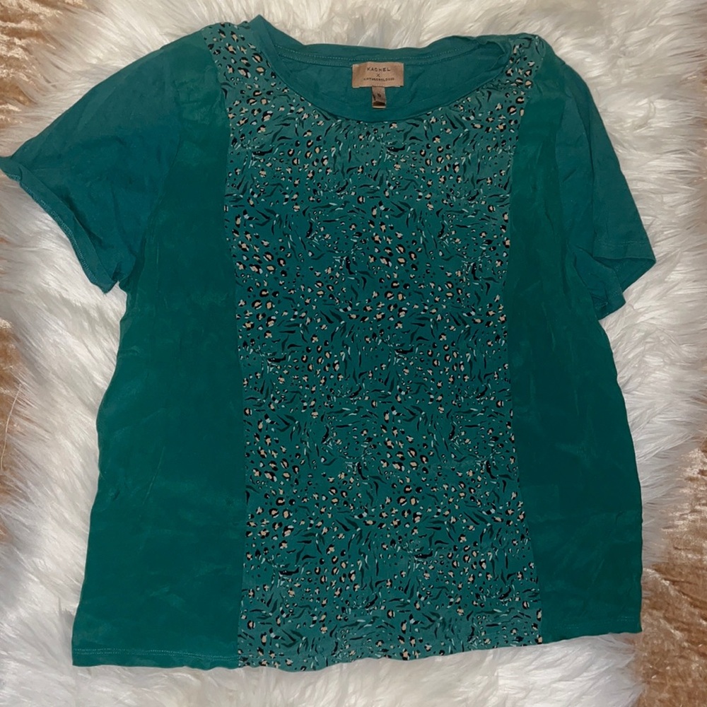 Green cheetah print blouse from Kachel X Anthropologie
